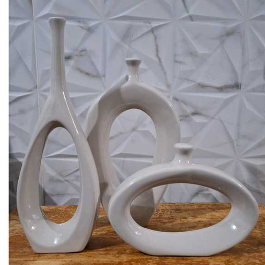 Kit Trio Vasos Estilizados Centro Mesa Decoração Sala Plantas e Flores Contem 3uni